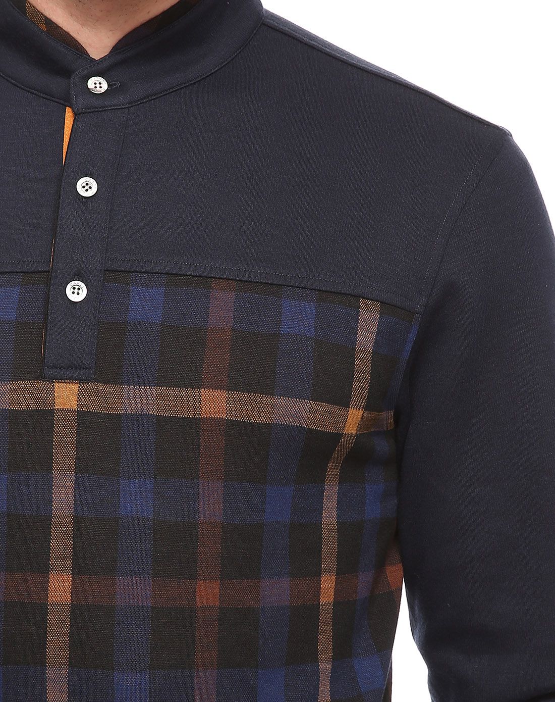 蓝褐色底面抓绒时尚小立领半开襟长袖t恤