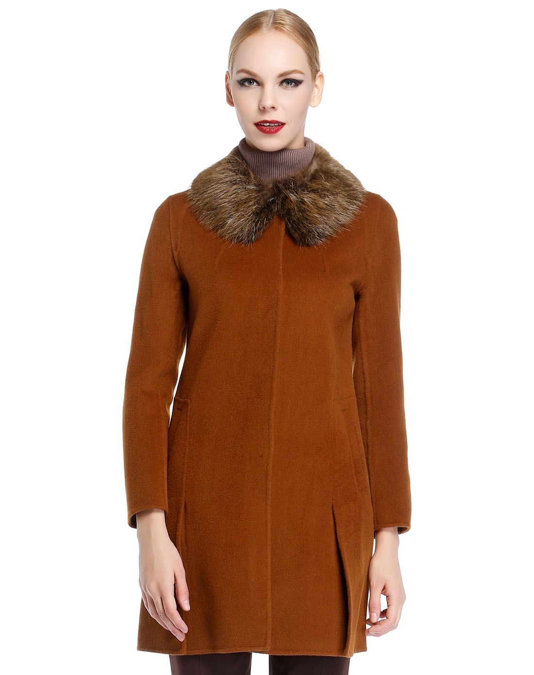 啡棕色毛领简洁大方长款长袖大衣