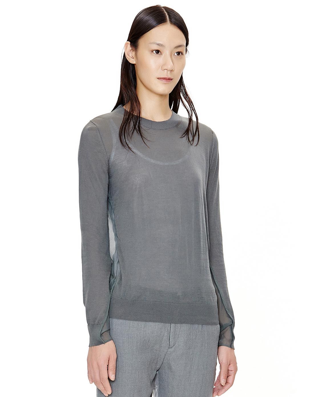 浅灰绿真丝拼接女上衣短款套头针织衫