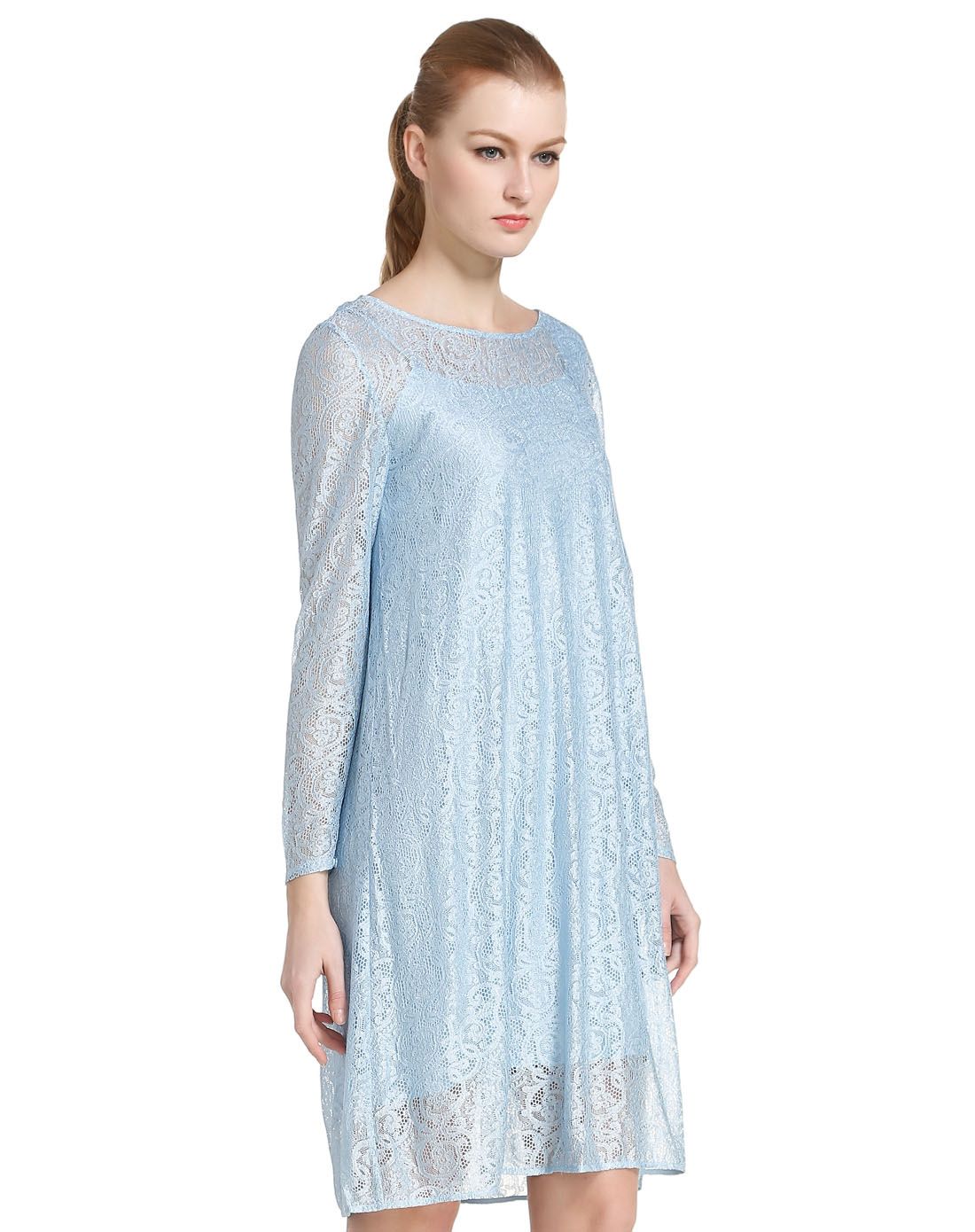 玛丝菲尔marisfrolg浅蓝色性感蕾丝长袖连衣裙a11412726_唯品会