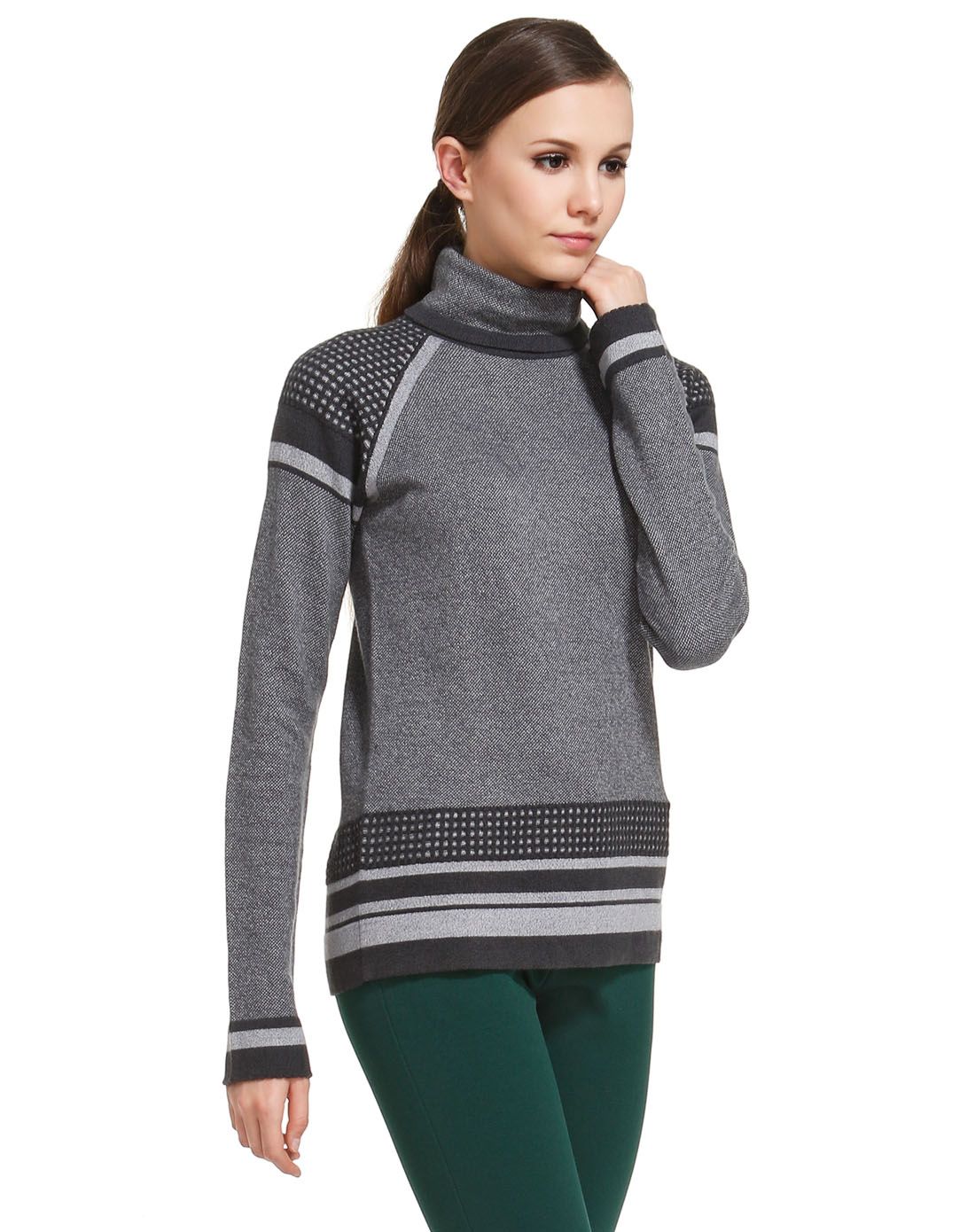 深花灰色休闲拼接高领长袖针织衫