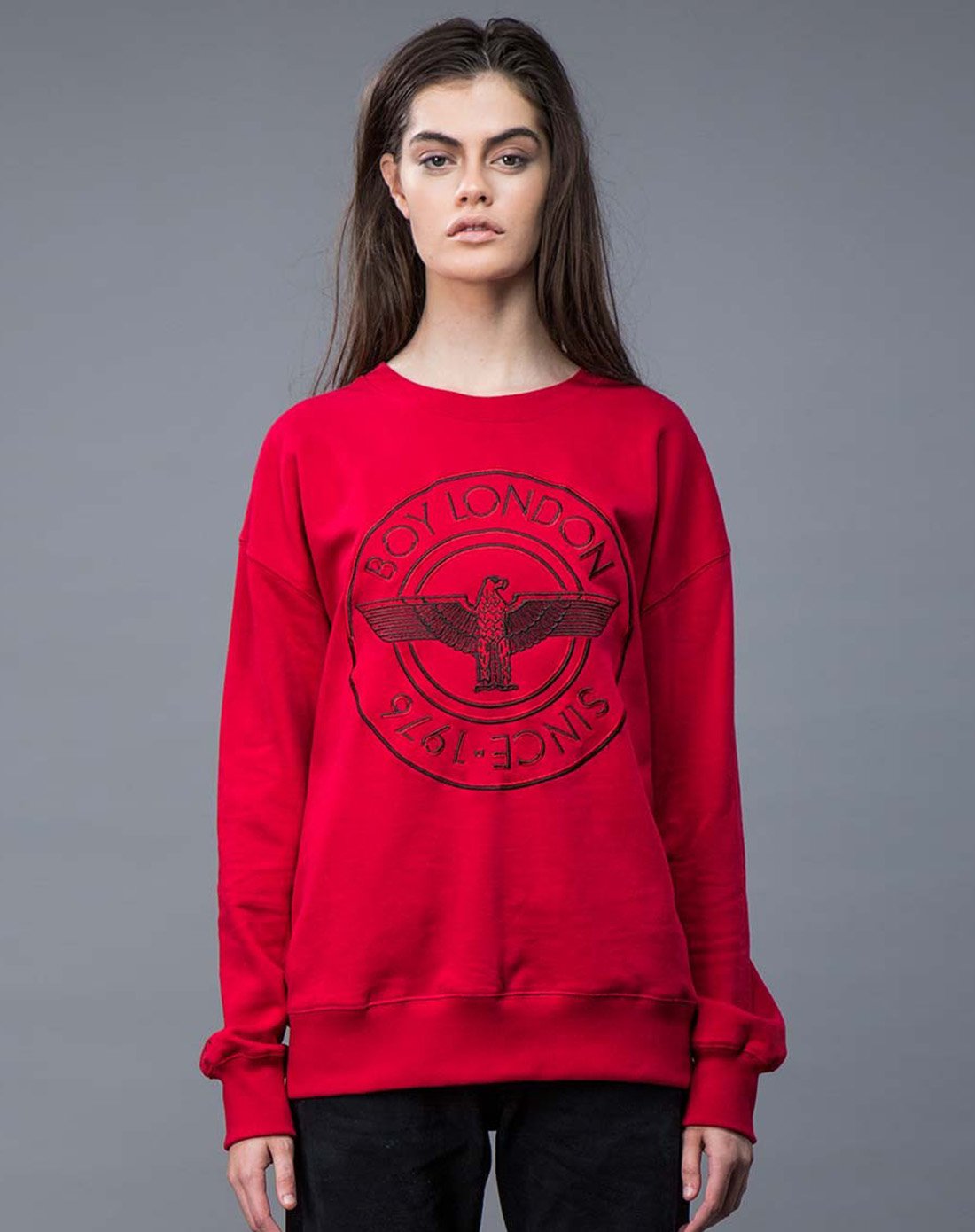 英版boy london黑色老鹰刺绣图案纯棉红色套头卫衣