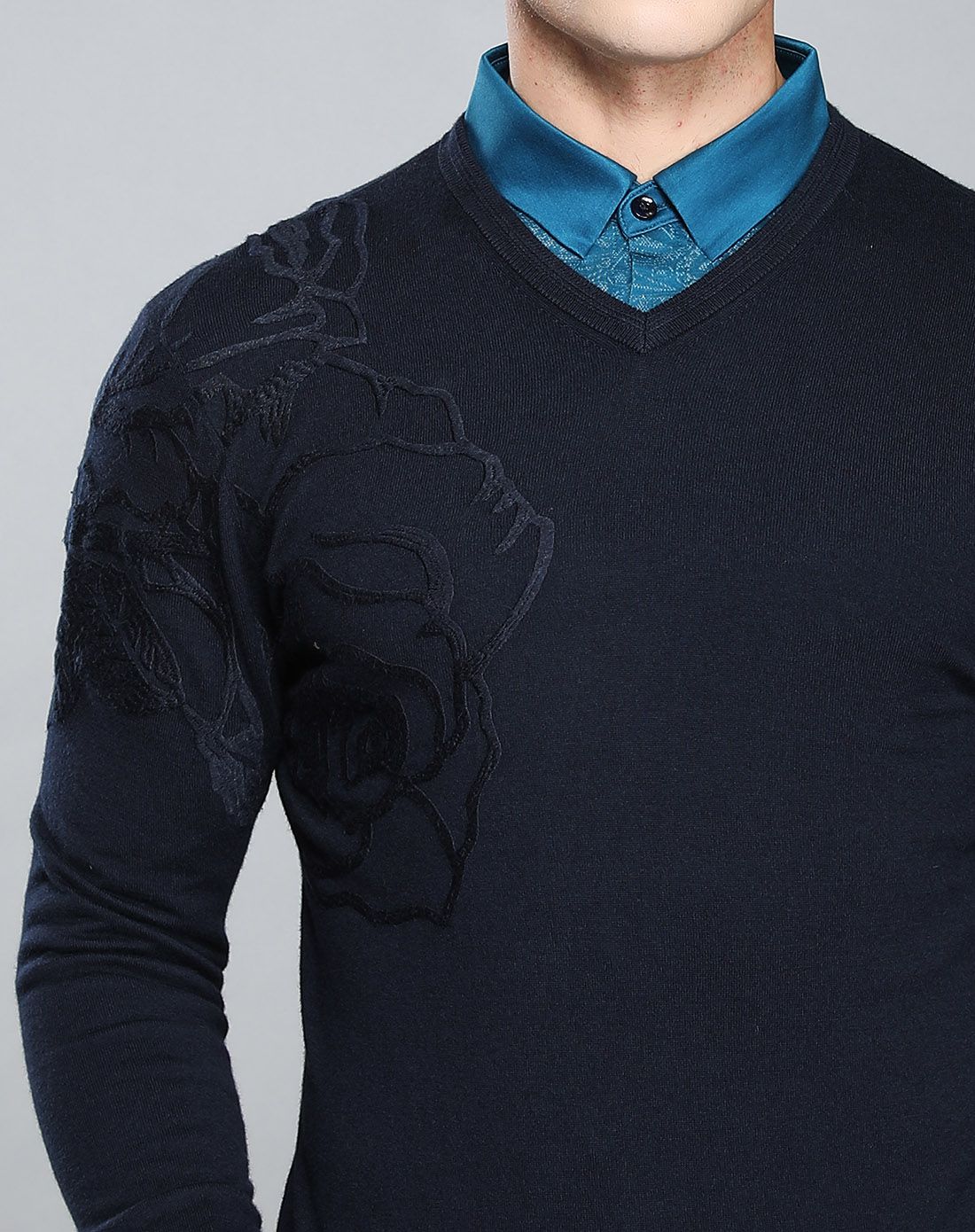 堡尼boni羊毛棉面料立体时尚织花v领羊毛衫ja667302a67_唯品会