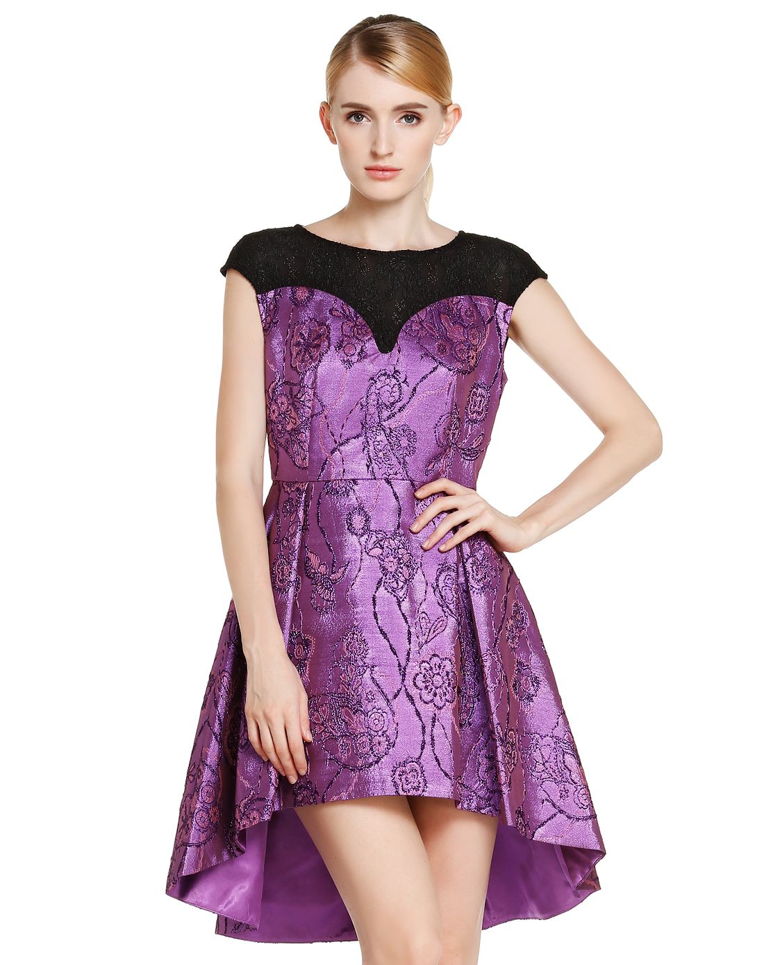 紫黑色提花优雅气质盖肩袖连衣裙