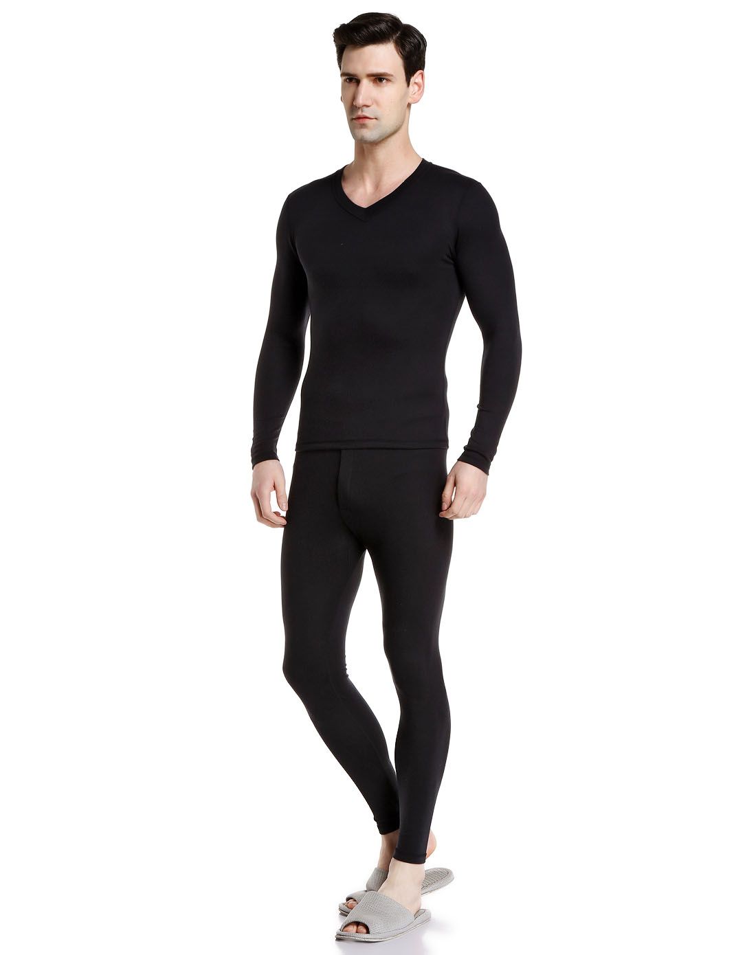 安莉芳男款黑色v领舒适长袖保暖内衣