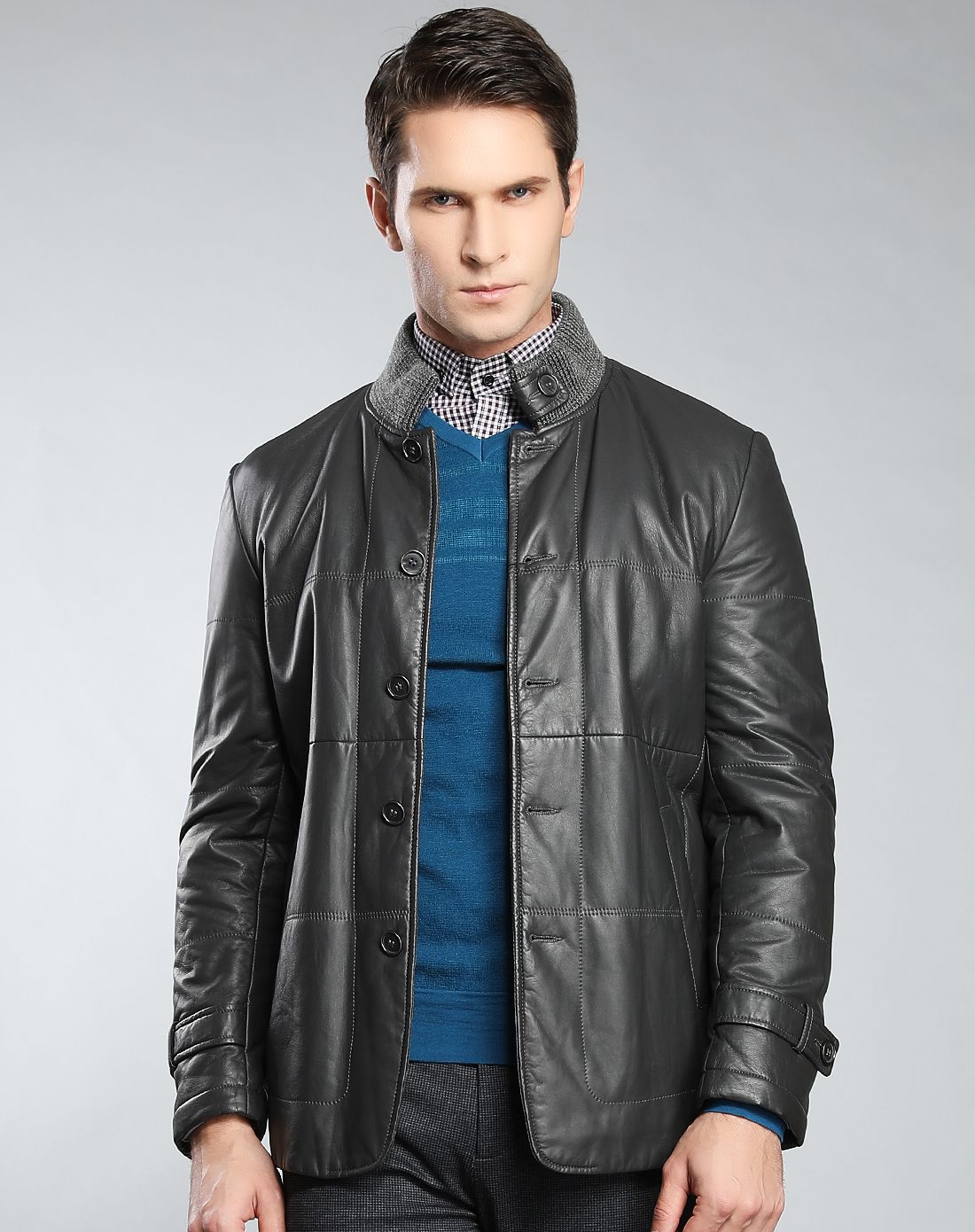 堡尼boni羊皮面料保暖绒布里布针织立领款皮衣op7919179_唯品会