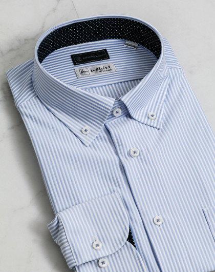 「i-shirt系列all season全年款」蓝白竖条纹短纽扣领完全免熨烫商务