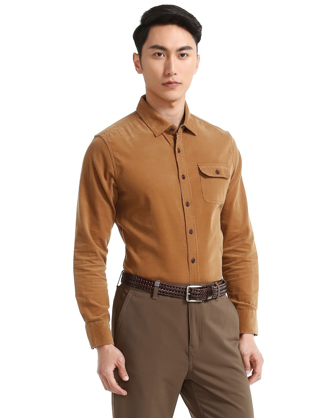 纯棉柔软 男款棕色衬衫 长袖净色