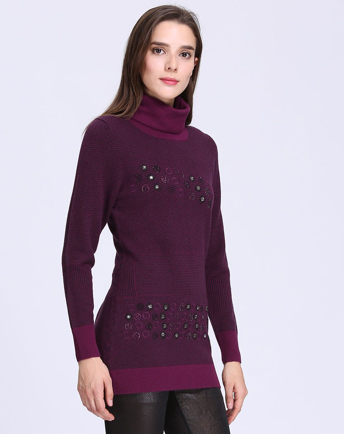 超细美丽诺羊毛紫酱红电脑版两翻领套衫