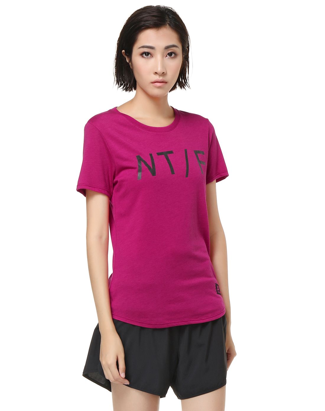 弹力柔软 女款紫红色运动短袖t恤