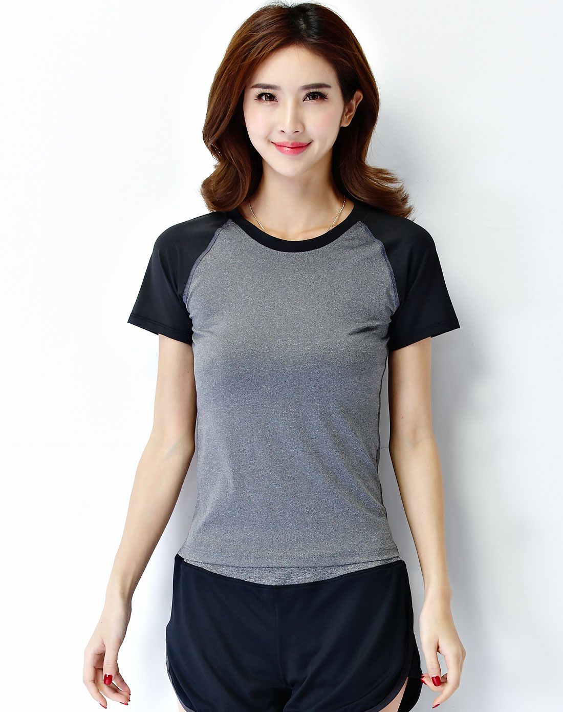 运动健身 女款麻灰配黑速干运动短袖上衣