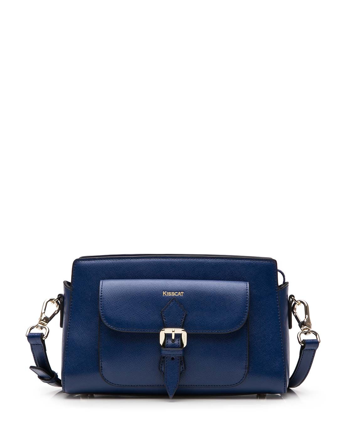 新款深蓝色十字纹牛剖层皮革单肩斜挎包