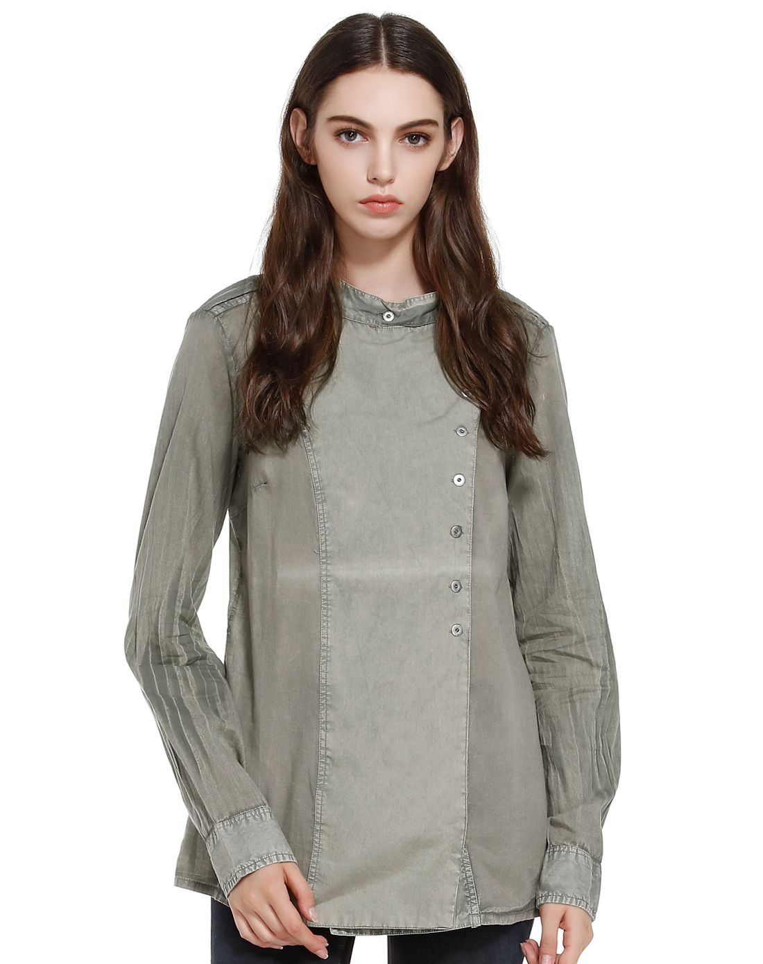灰绿色百搭开襟长袖上衣