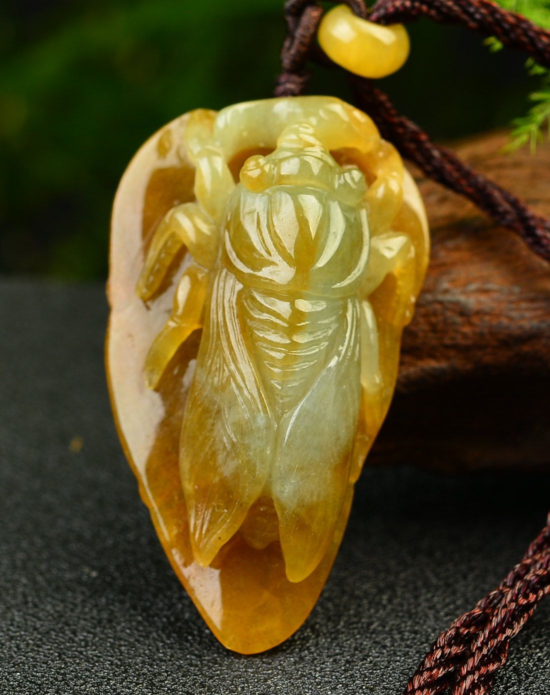 亿珍阁 天然黄翡翠树叶玉坠金蝉吊坠含配绳(附证书)