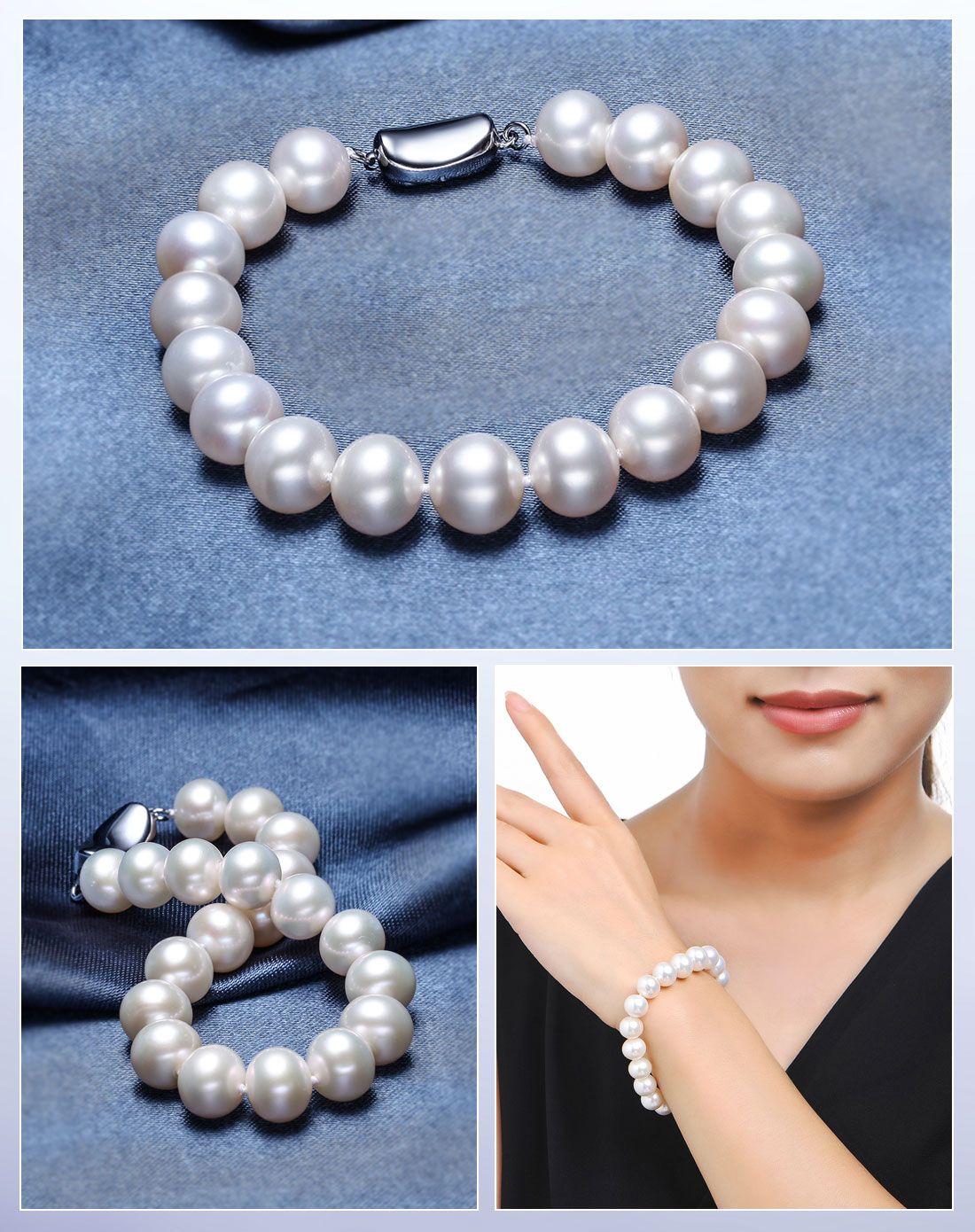 蓝色海洋 10-11mm近圆天然淡水珍珠手链(附证书)