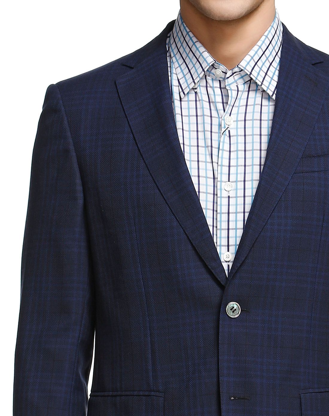 深蓝色时尚格纹翻领西服