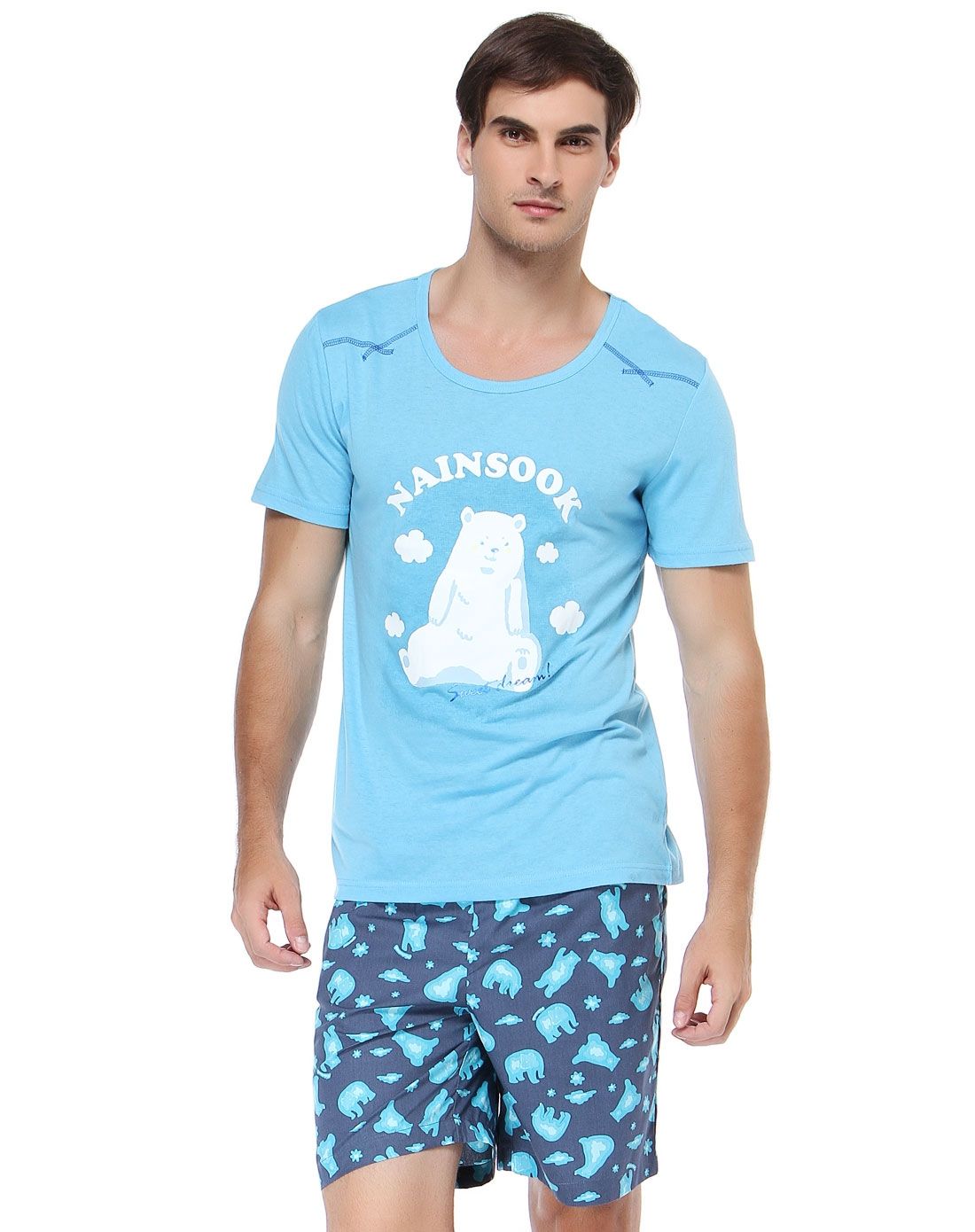 男款北极熊印图蓝色短袖套装