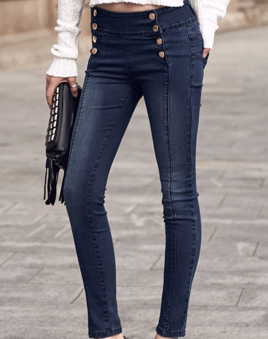 aiken牛仔女款宝石蓝双排扣中腰小脚牛仔裤21154-63102-811_唯品会