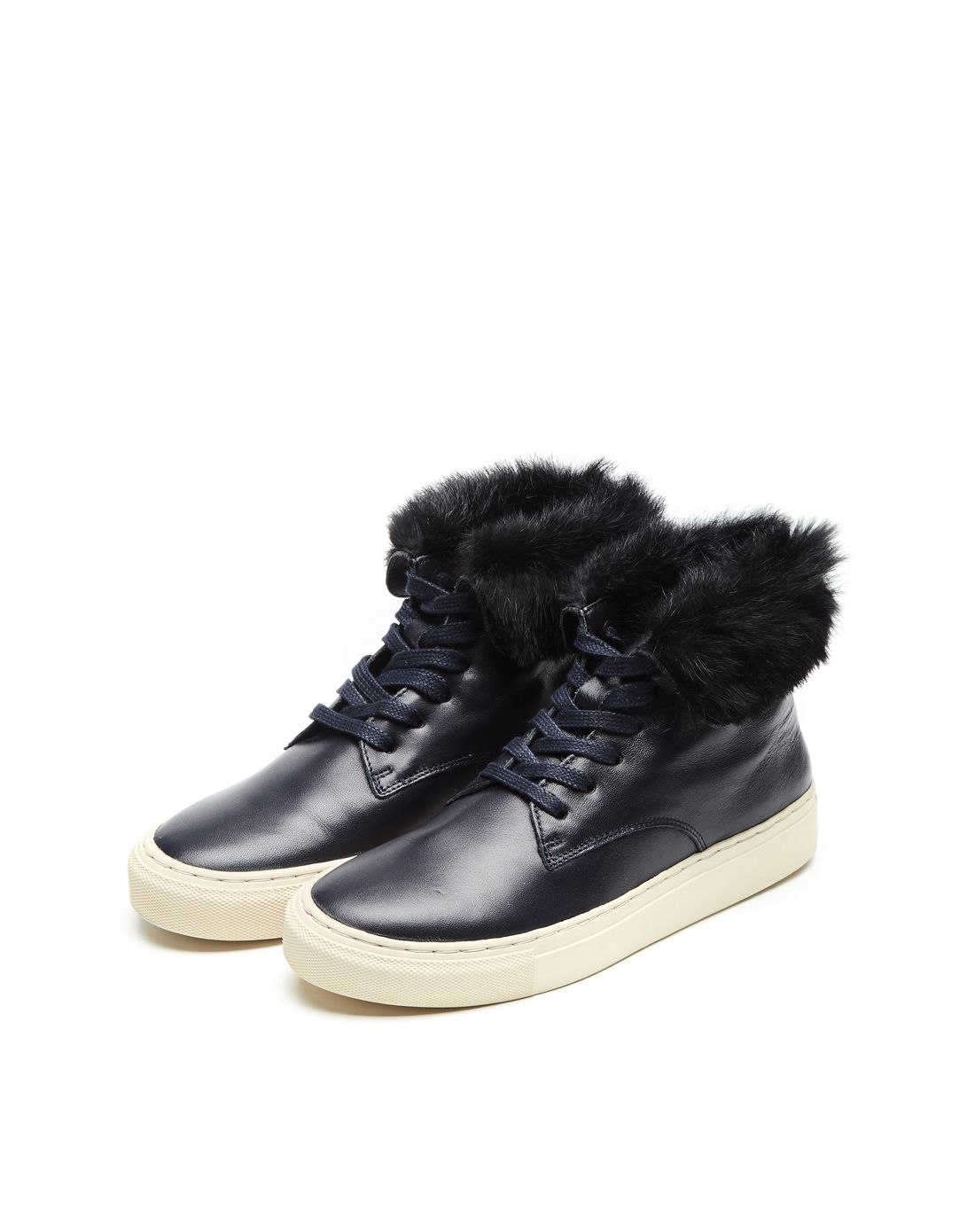 女款藏蓝色皮毛一体高帮休闲鞋