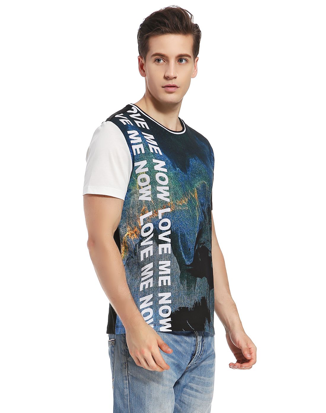 黑/深蓝色年轻潮流印花短袖t恤