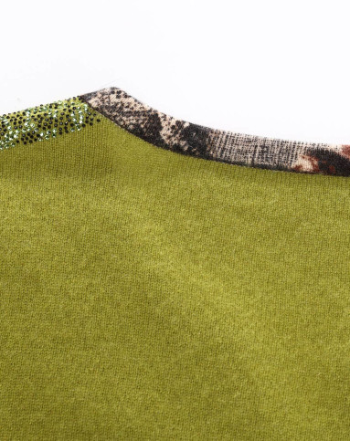 女式香草绿精致镶钻羊绒衫