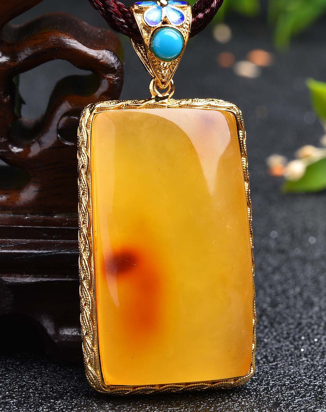 亿珍阁 925银镶俏色鸡油黄无事牌琥珀蜜蜡挂件 附证书