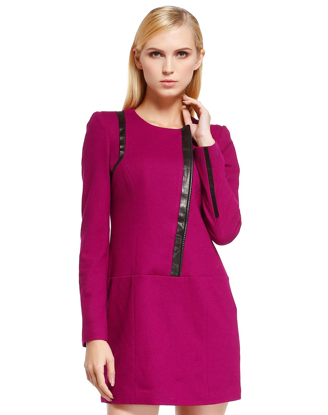 深玫红色简约时尚长袖连衣裙