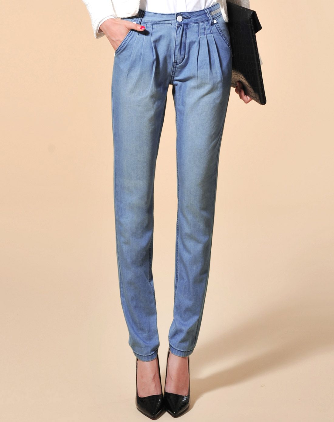 女式晨雾蓝高腰小脚哈伦裤