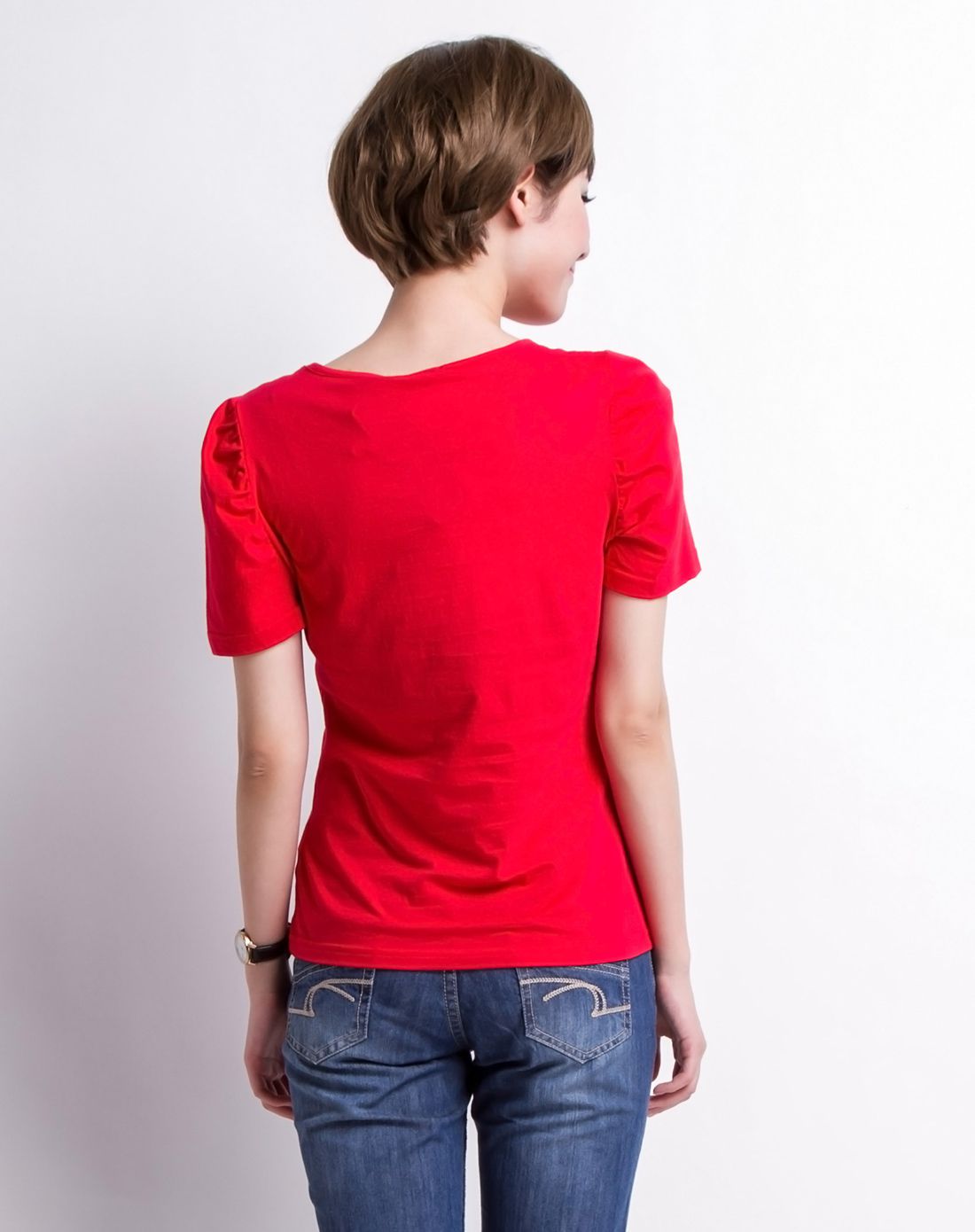 朱砂红 女款圆领珠片短袖t恤