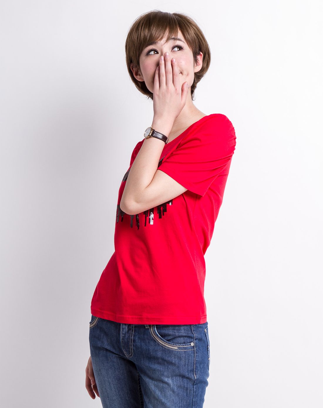 朱砂红 女款圆领珠片短袖t恤