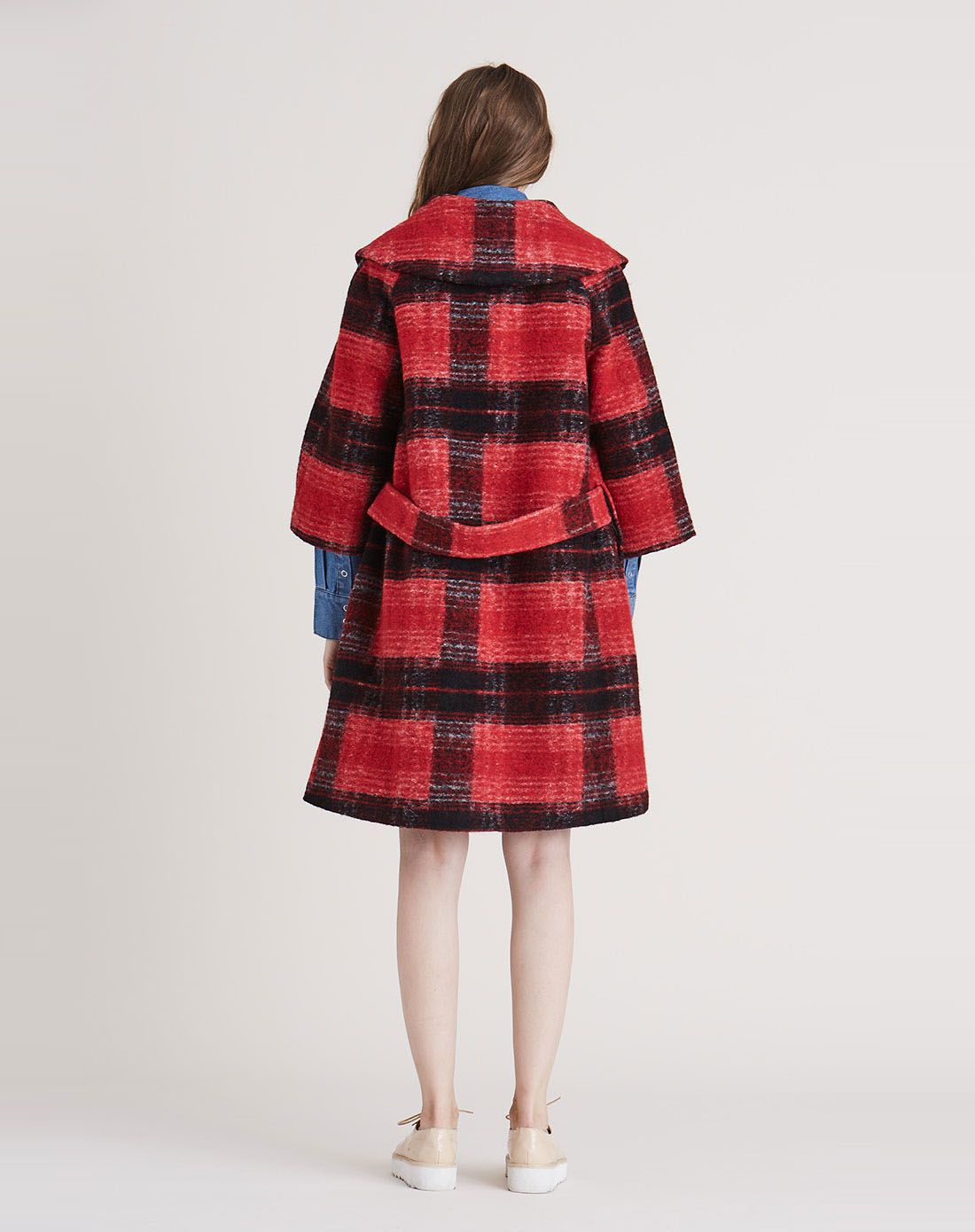 拼色英格兰格纹中长款毛呢大衣