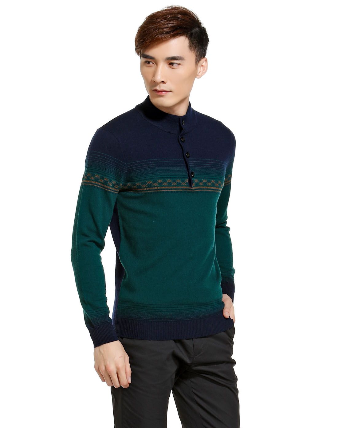 墨绿/藏青色纯羊毛时尚半开襟羊毛衫