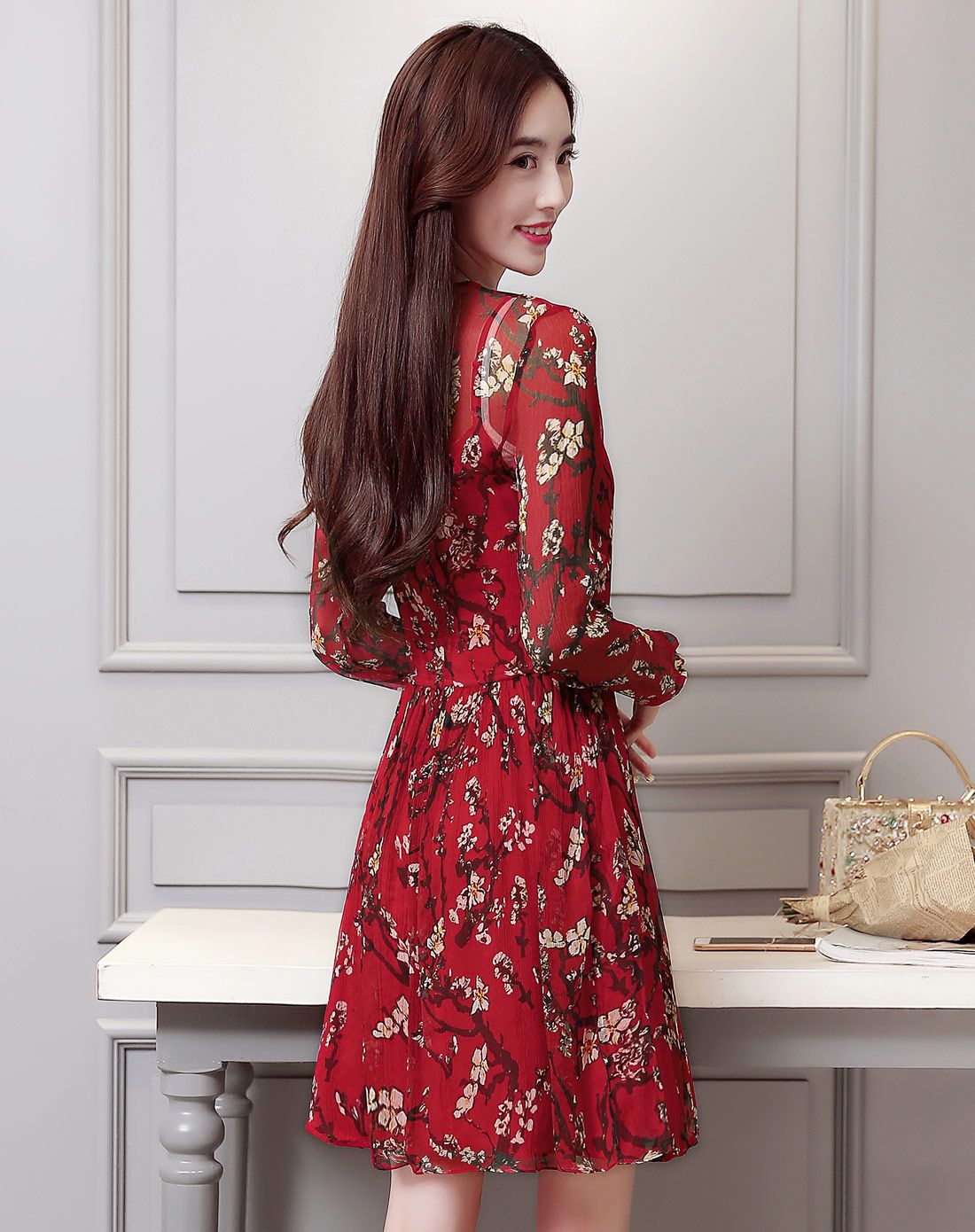 丝柏舍女装移动端专场女红色气质印花连衣裙s61q0034a30_唯品会
