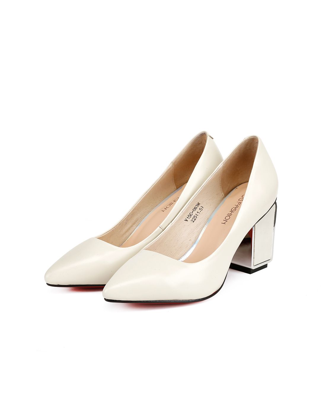 2016新款 米白开边珠牛皮中跟单鞋