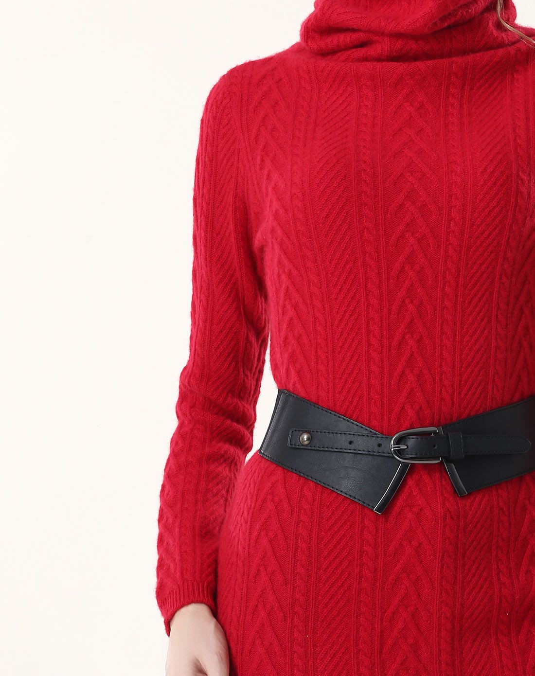 7针阿兰花组织自由领中长款100%羊绒衫