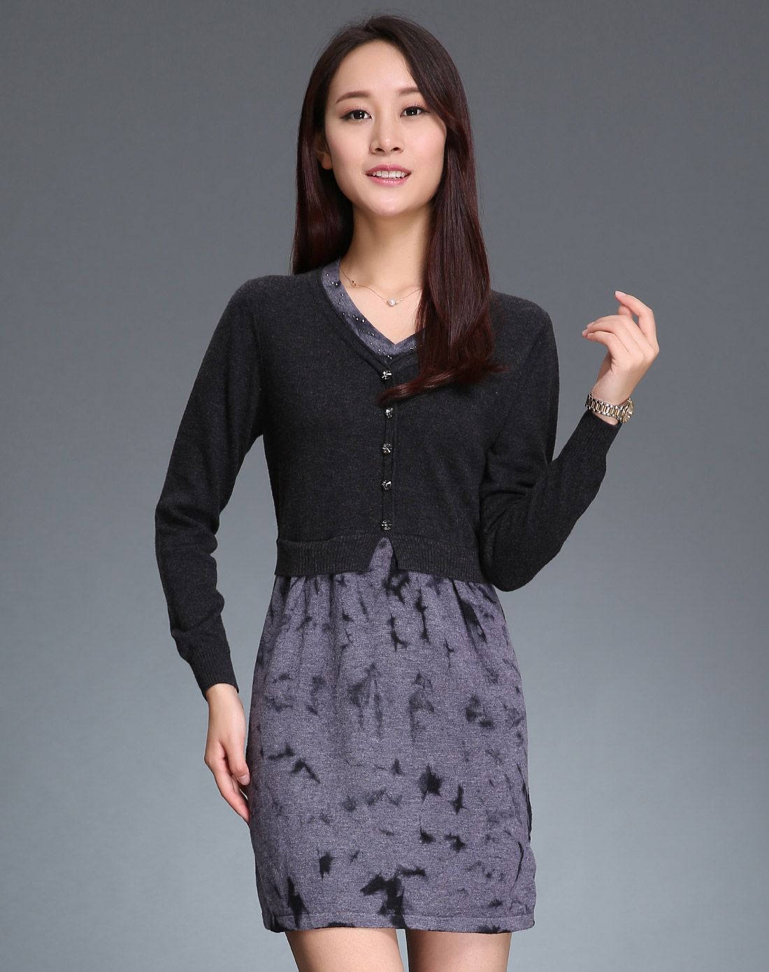 女款烟灰/灰紫色优雅v领长袖羊毛连衣裙