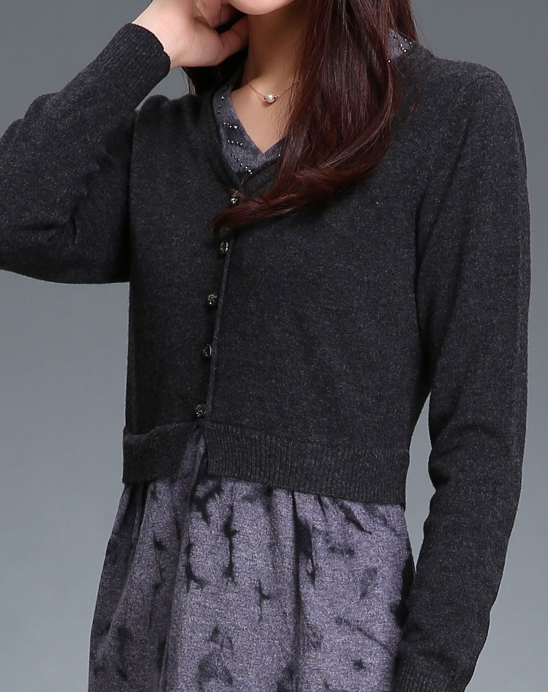 女款烟灰/灰紫色优雅v领长袖羊毛连衣裙