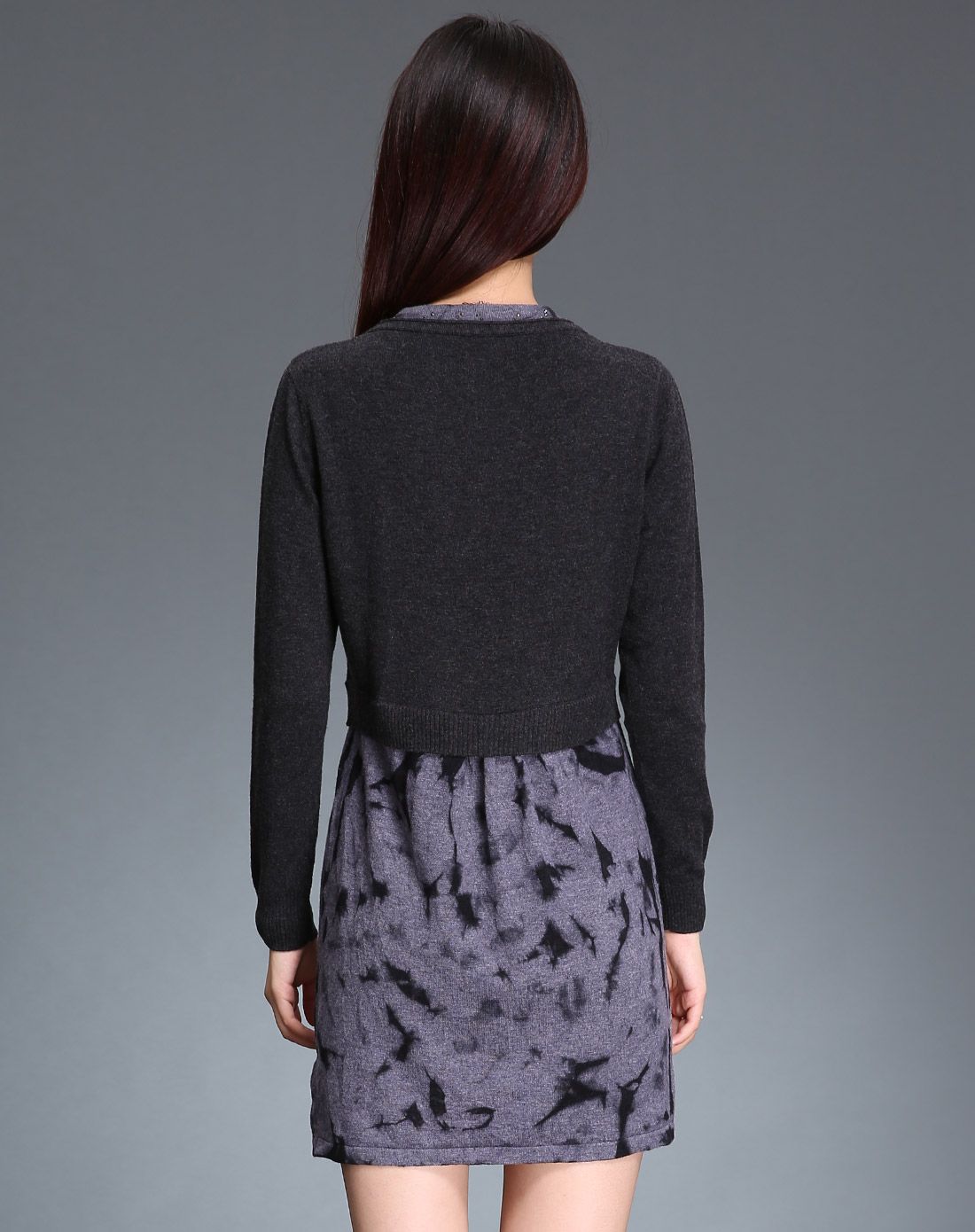 女款烟灰/灰紫色优雅v领长袖羊毛连衣裙