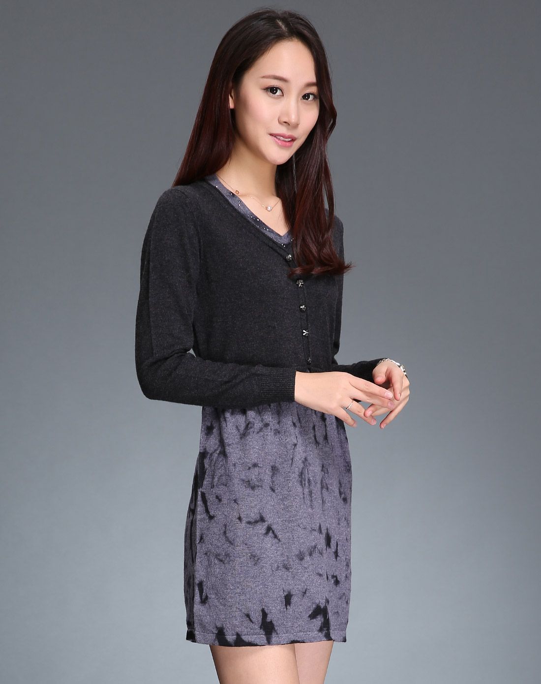 女款烟灰/灰紫色优雅v领长袖羊毛连衣裙