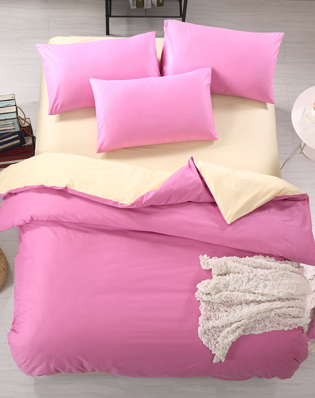 浅粉配黄色素色长绒棉四件套1.5米床