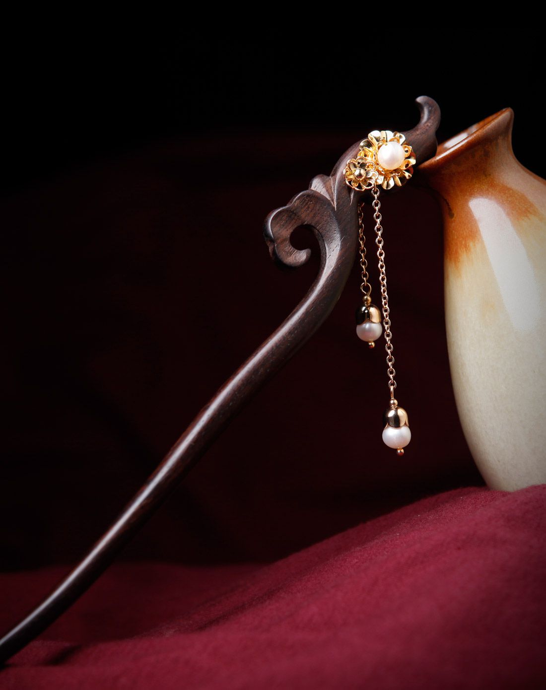 凤凰涅磐 仙霖 黑檀木海水珍珠镀14k金发簪