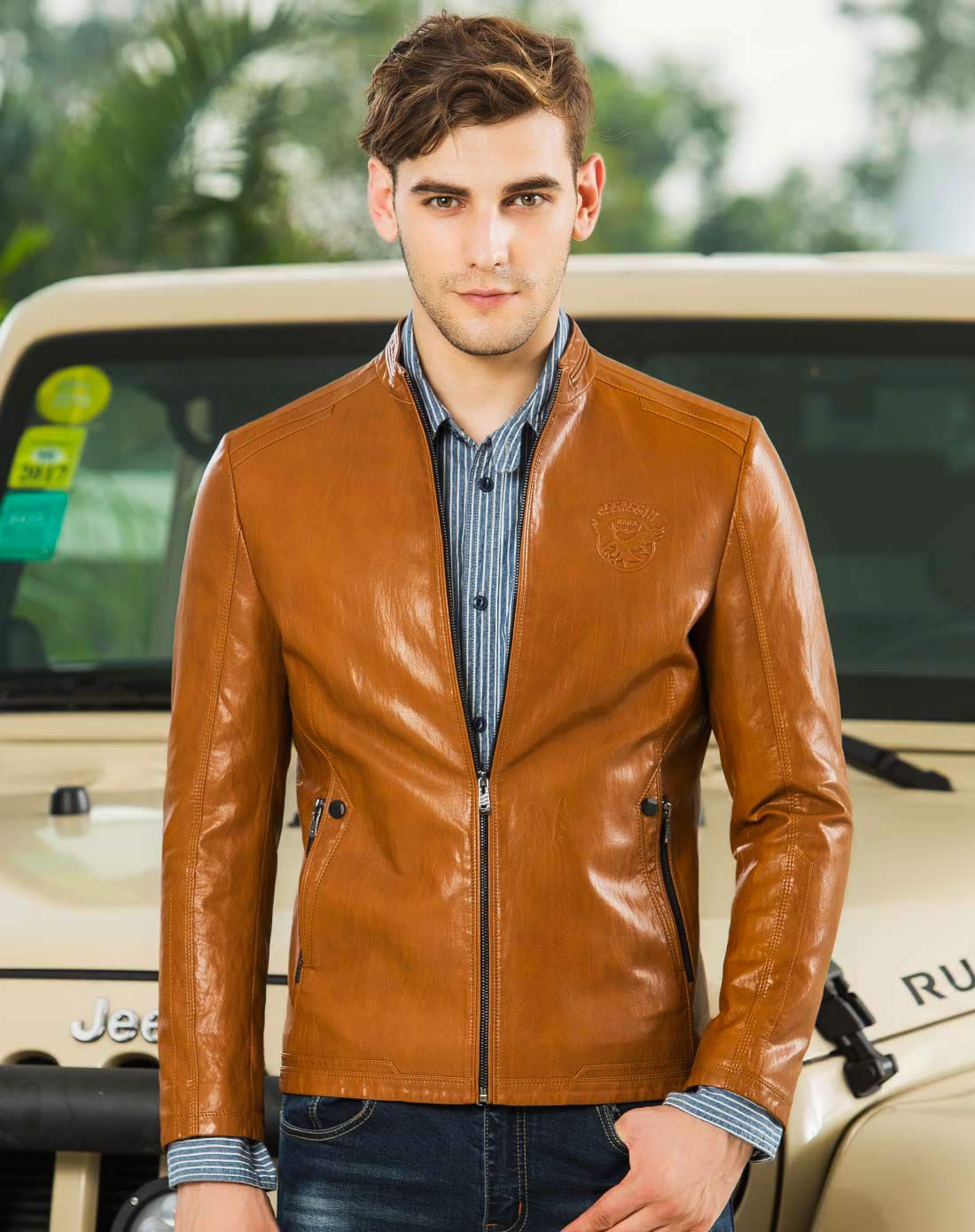 男款棕黄pu皮立领夹克