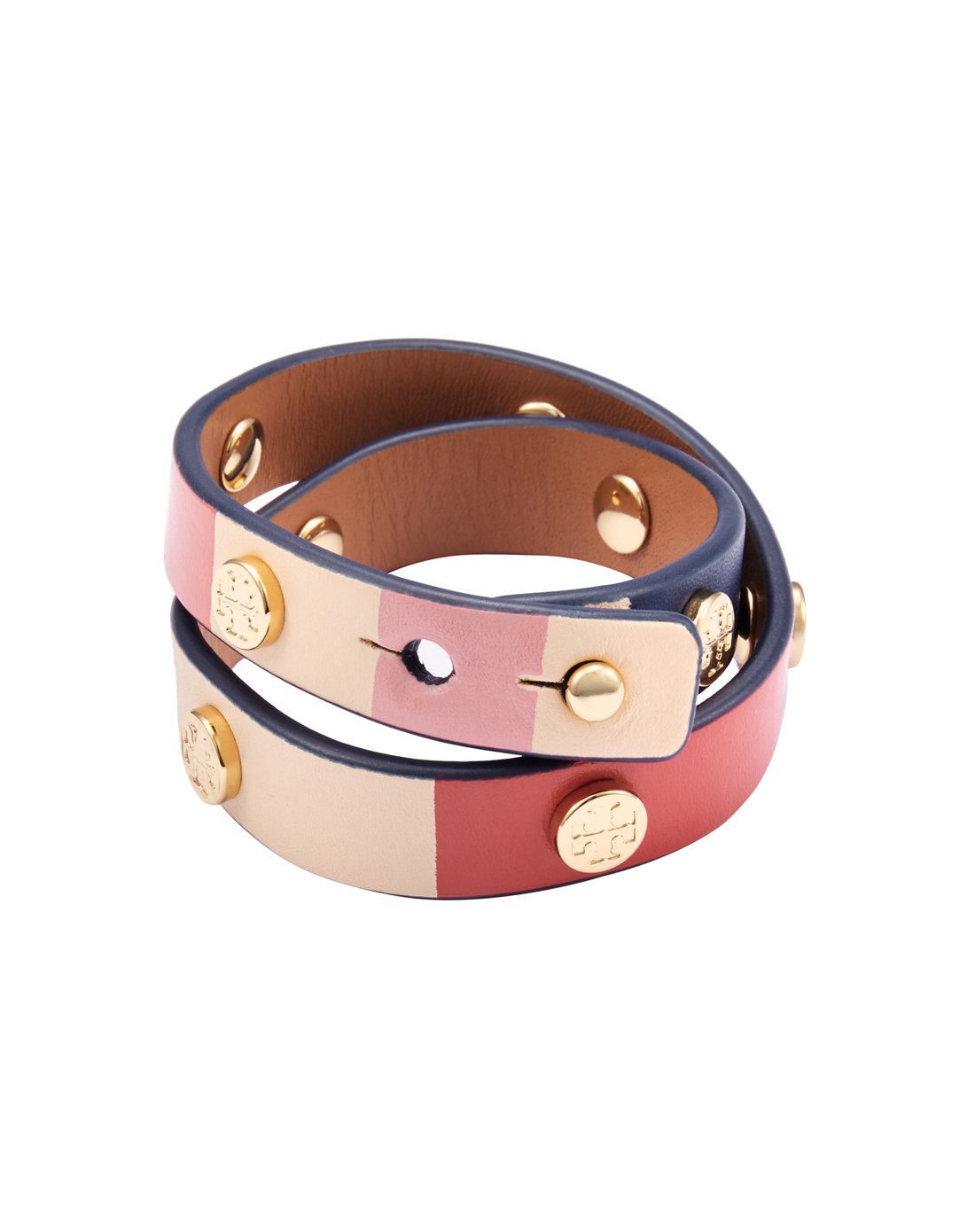 tory burch女款拼色铆钉点缀皮革缠绕手环