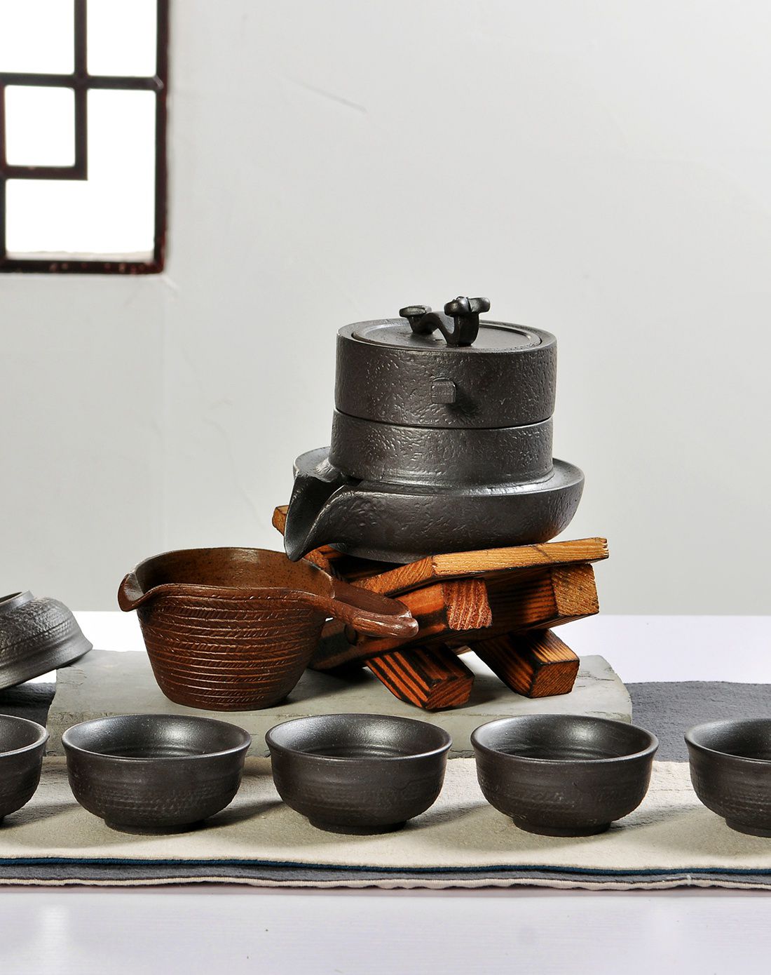 仿古柴烧石磨茶具套组