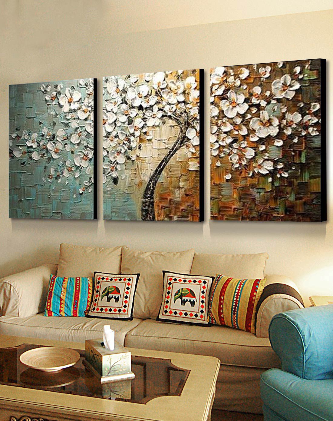 纯手绘高端三联抽象油画 发财树