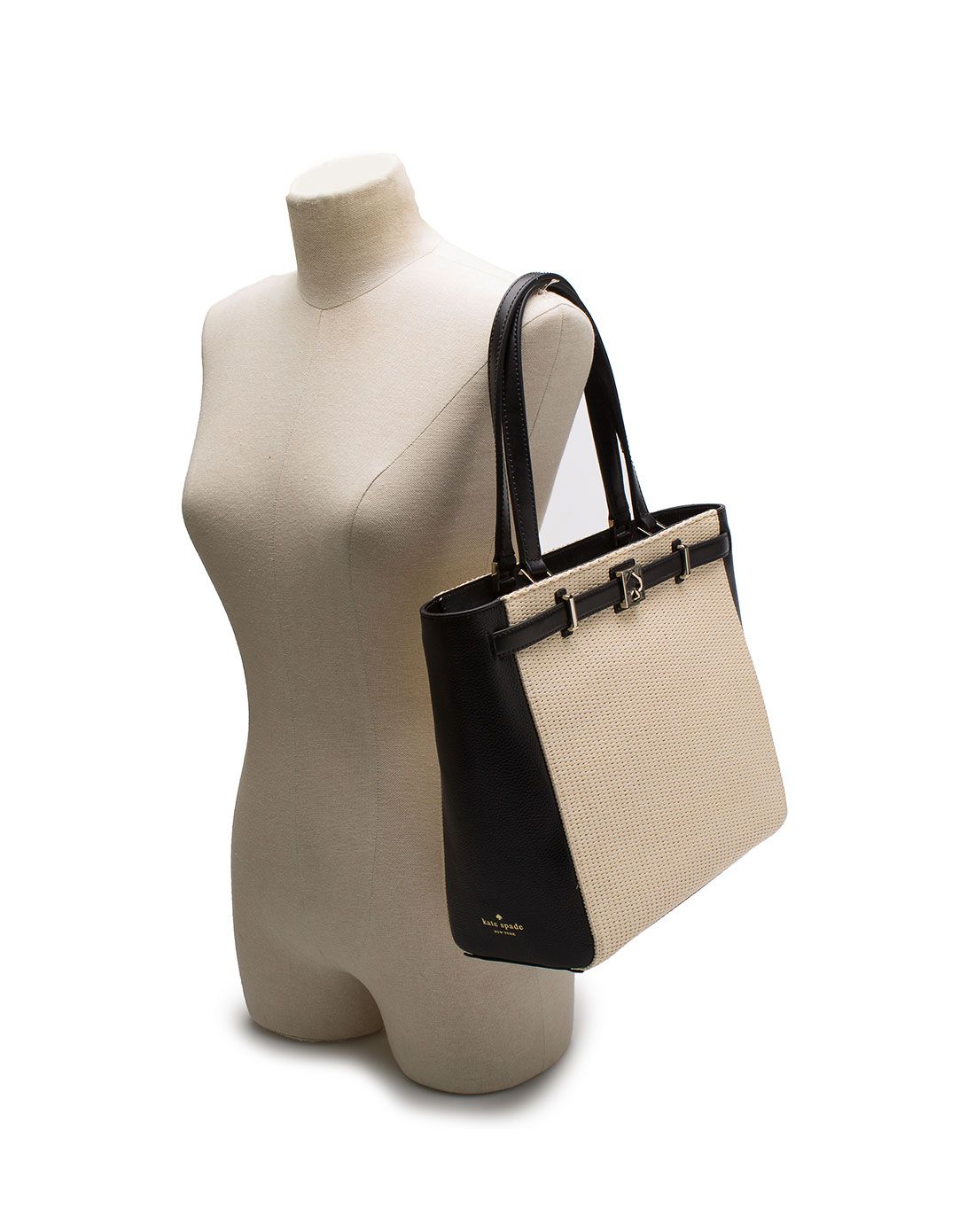 kate spade 纯皮麦秆手提包黑白拼色