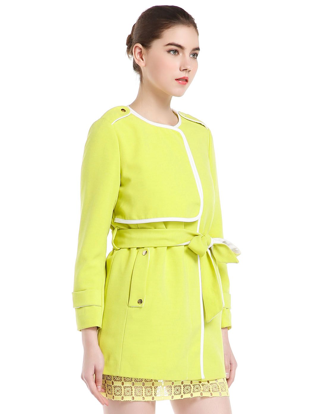 黄绿色舒适知性中长款长袖外套