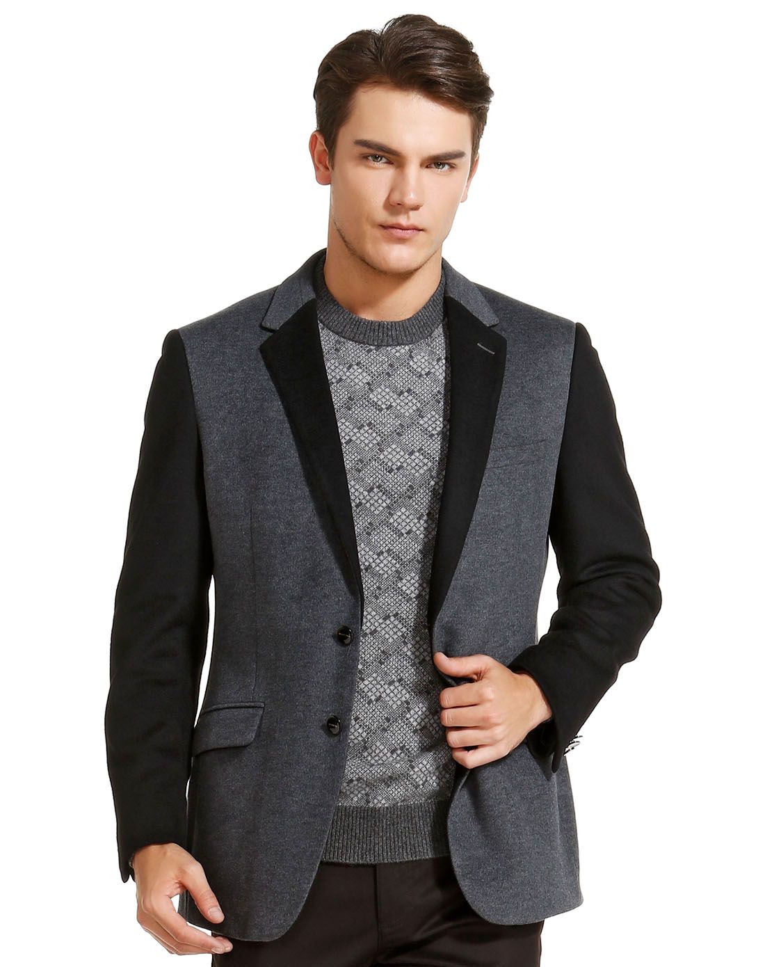 巴赛诺boscero男装专场 灰/黑色羊毛混纺休闲西服