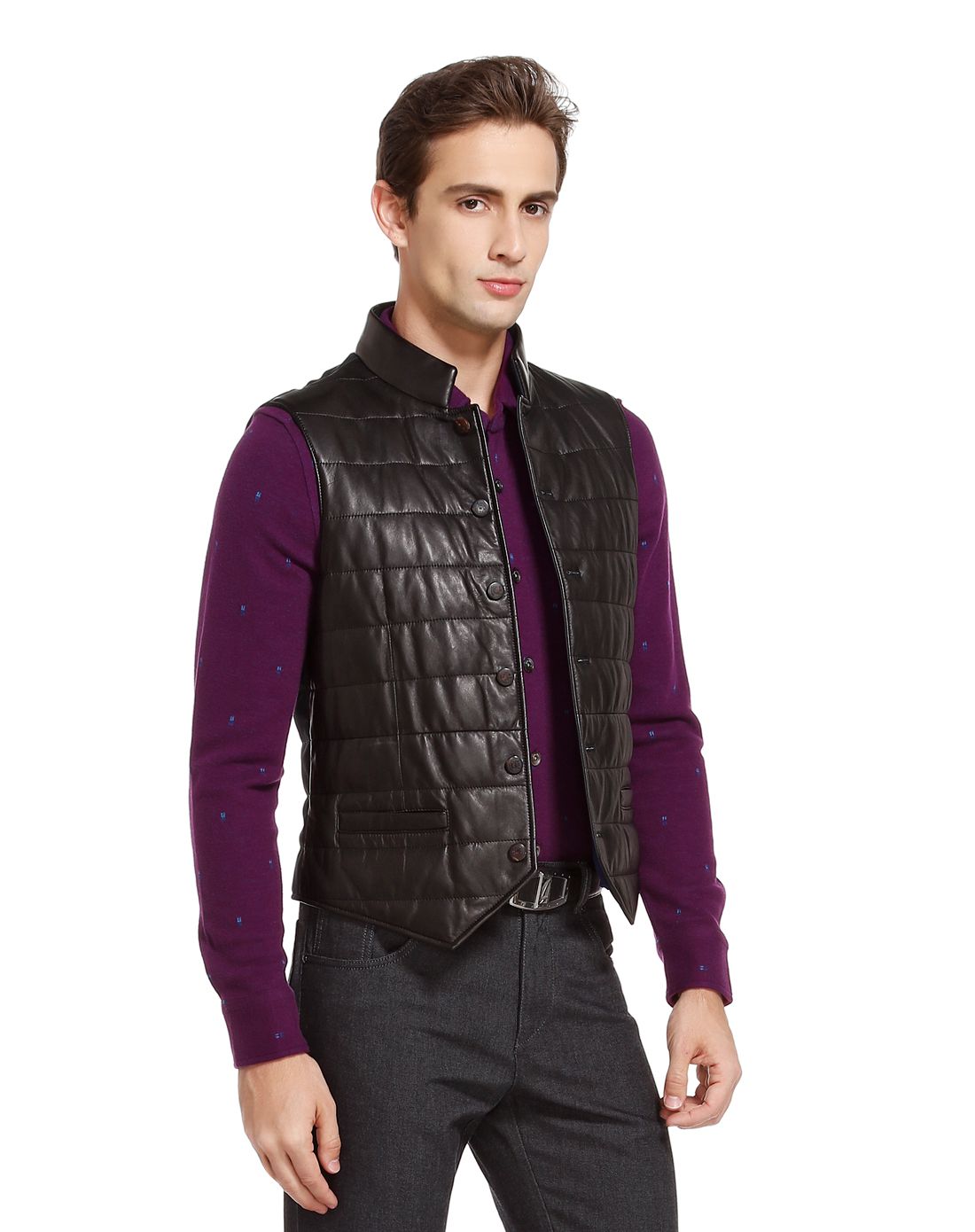 路卡迪龙luka dilong男装专场 男士马夹真皮羊皮背心时尚拼皮小立领