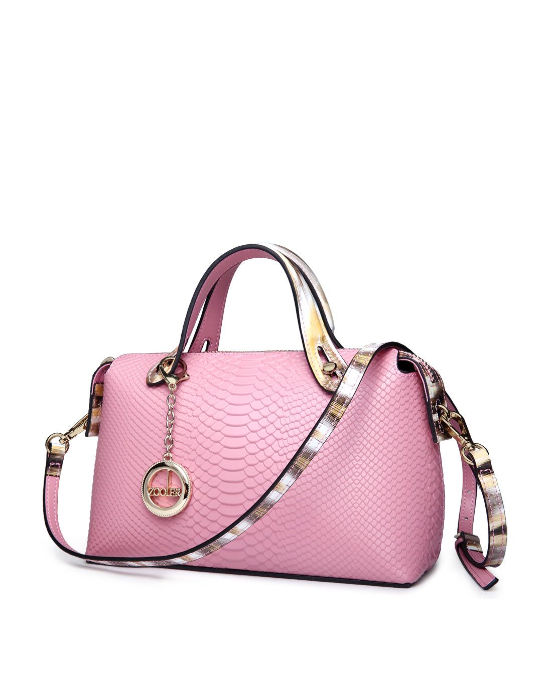 朱尔 女款粉色牛皮蛇纹新款手提包